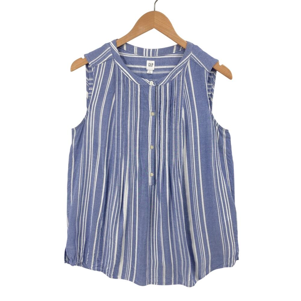 GAP Women's L Blue White Striped Sleeveless Pintuck Popover Blouse Coastal Boho